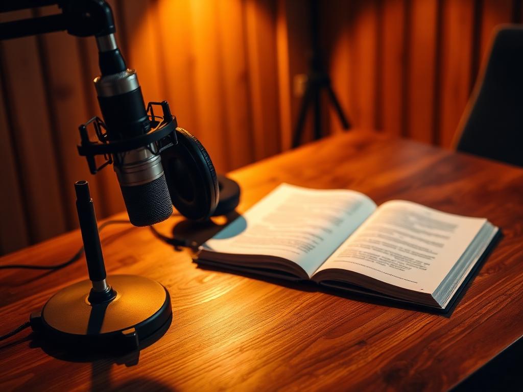 Microfono da studio, cuffie e copione illuminati da luce ambra