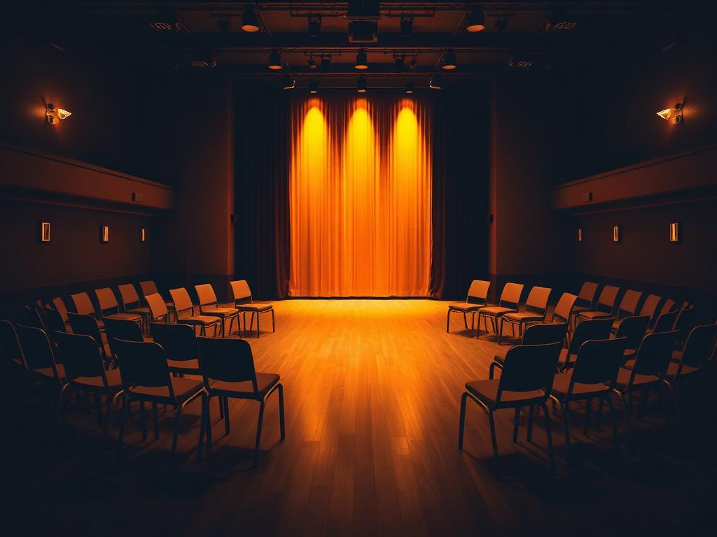 Scena teatrale con sedie disposte in cerchio e luce calda al centro